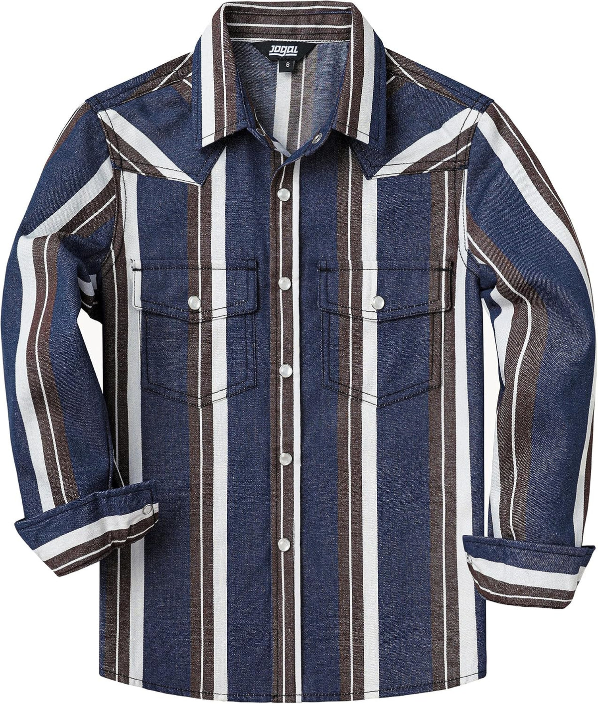 JOGAL C575 boys' Long-Sleeve Striped Western Pearl Snap Shirt in Denim Brown White, front view