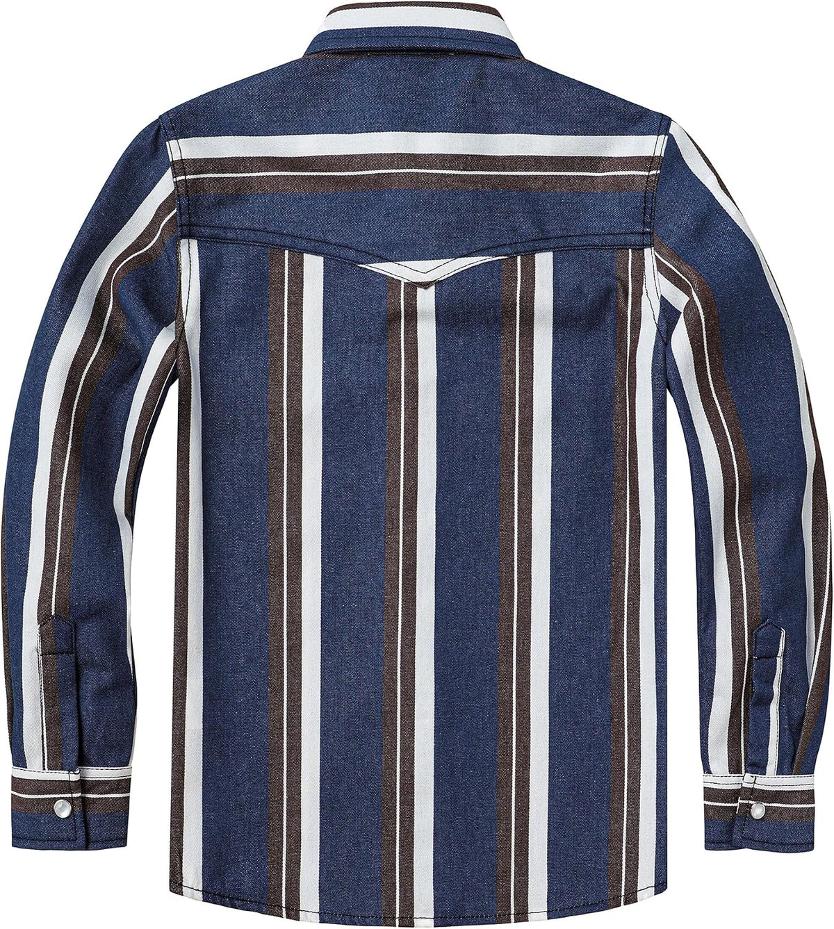 JOGAL C575 boys' Long-Sleeve Striped Western Pearl Snap Shirt in Denim Brown White, back view