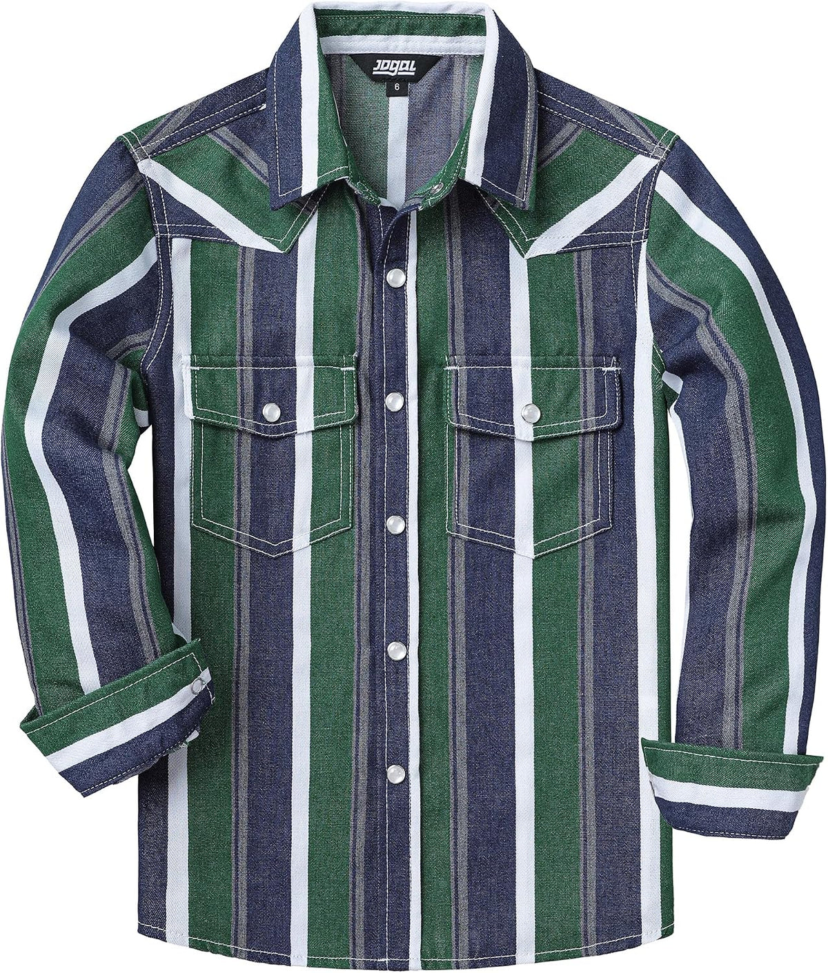JOGAL C575 boys' Long-Sleeve Striped Western Pearl Snap Shirt in Green White, front view
