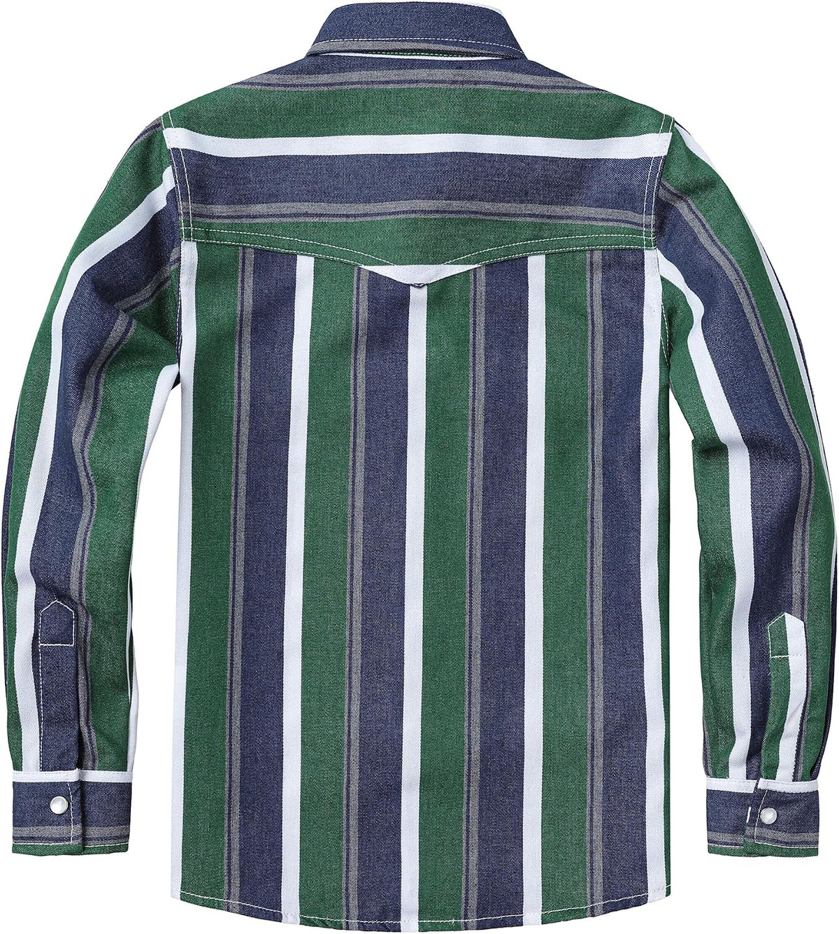 JOGAL C575 boys' Long-Sleeve Striped Western Pearl Snap Shirt in Green White, back view
