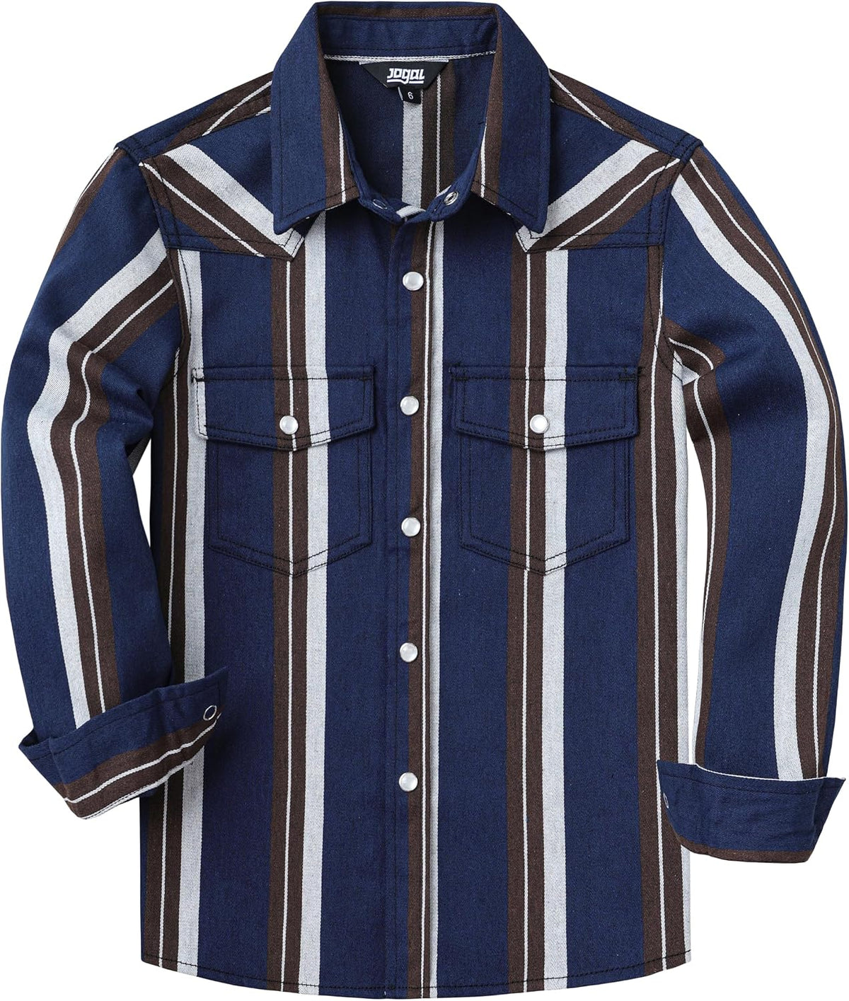 JOGAL C575 boys' Long-Sleeve Striped Western Pearl Snap Shirt in Navy Brown Beige, front view