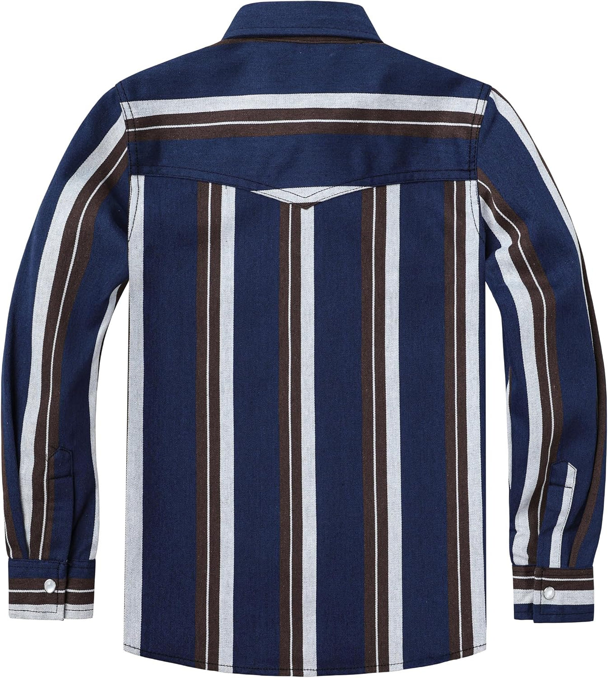 JOGAL C575 boys' Long-Sleeve Striped Western Pearl Snap Shirt in Navy Brown Beige, back view