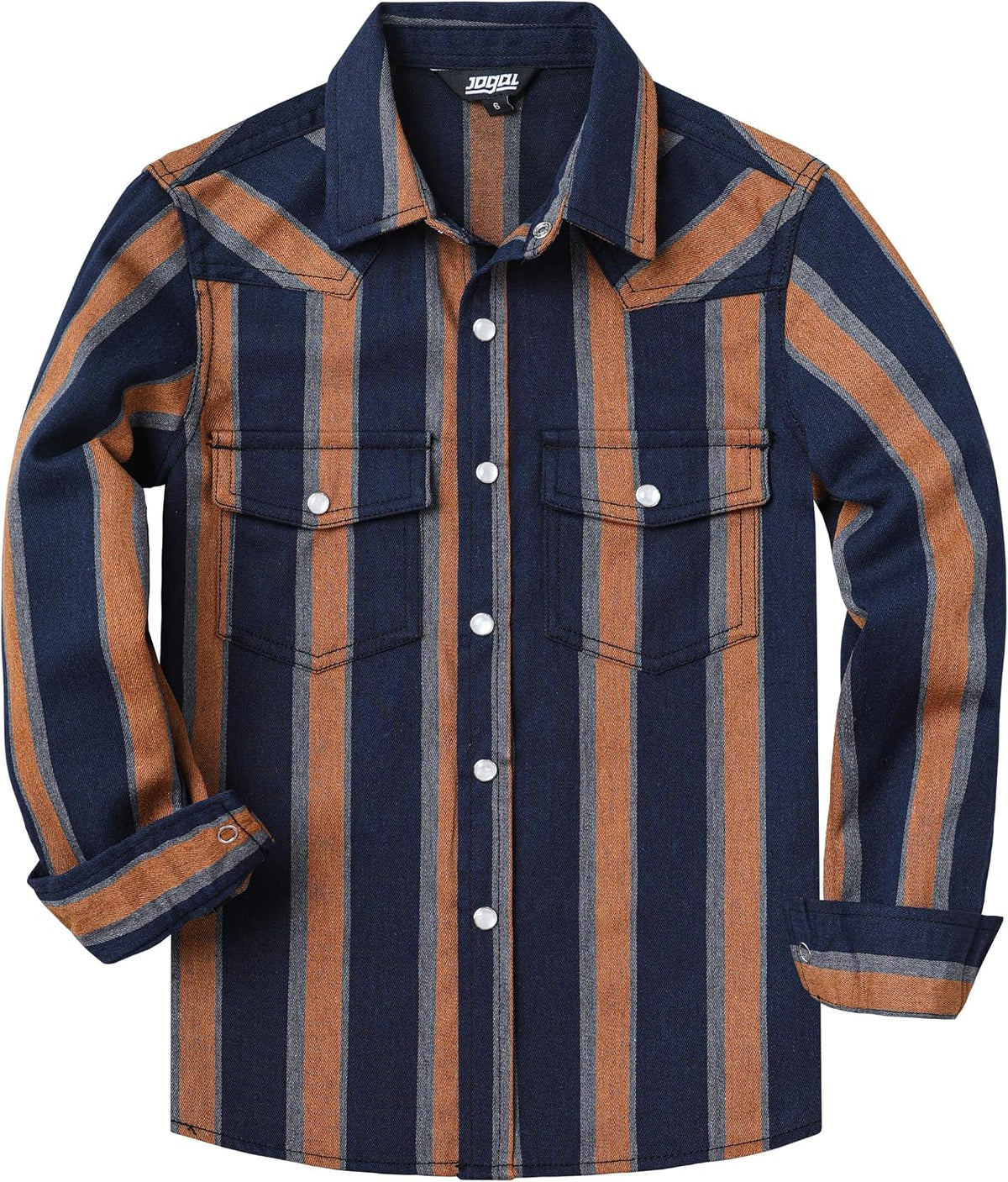 JOGAL C575 boys' Long-Sleeve Striped Western Pearl Snap Shirt in Navy Orange, front view