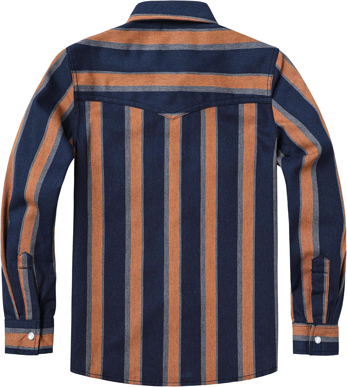 JOGAL C575 boys' Long-Sleeve Striped Western Pearl Snap Shirt in Navy Orange, back view