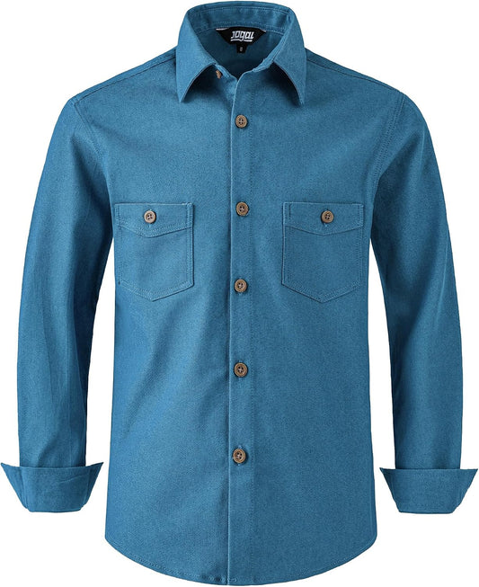 JOGAL Boys' Cotton-Blend Denim Long-Sleeve Shirt - Denim Blue - front