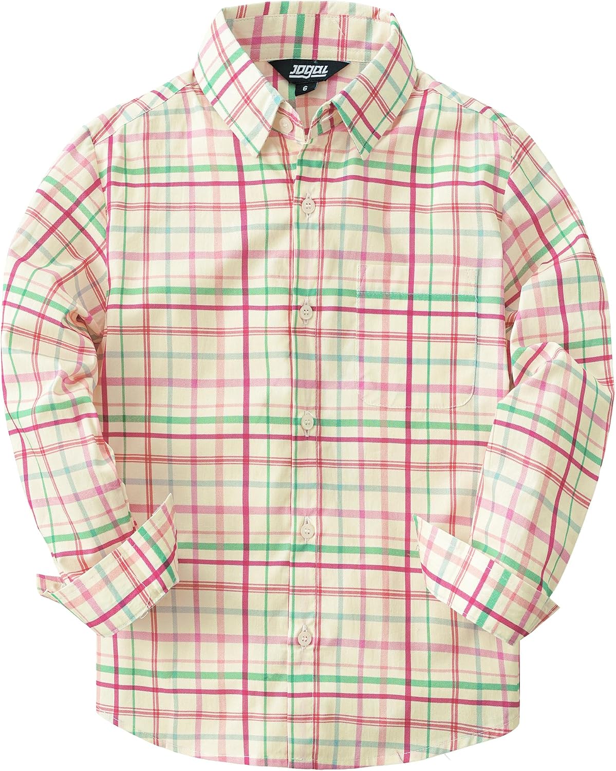 JOGAL C580 boys plaid long sleeve button-down shirt in Pink Green front view