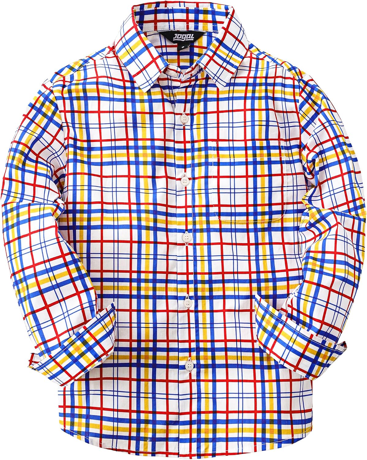 JOGAL C580 boys plaid long sleeve button-down shirt in Red Yellow Blue front view