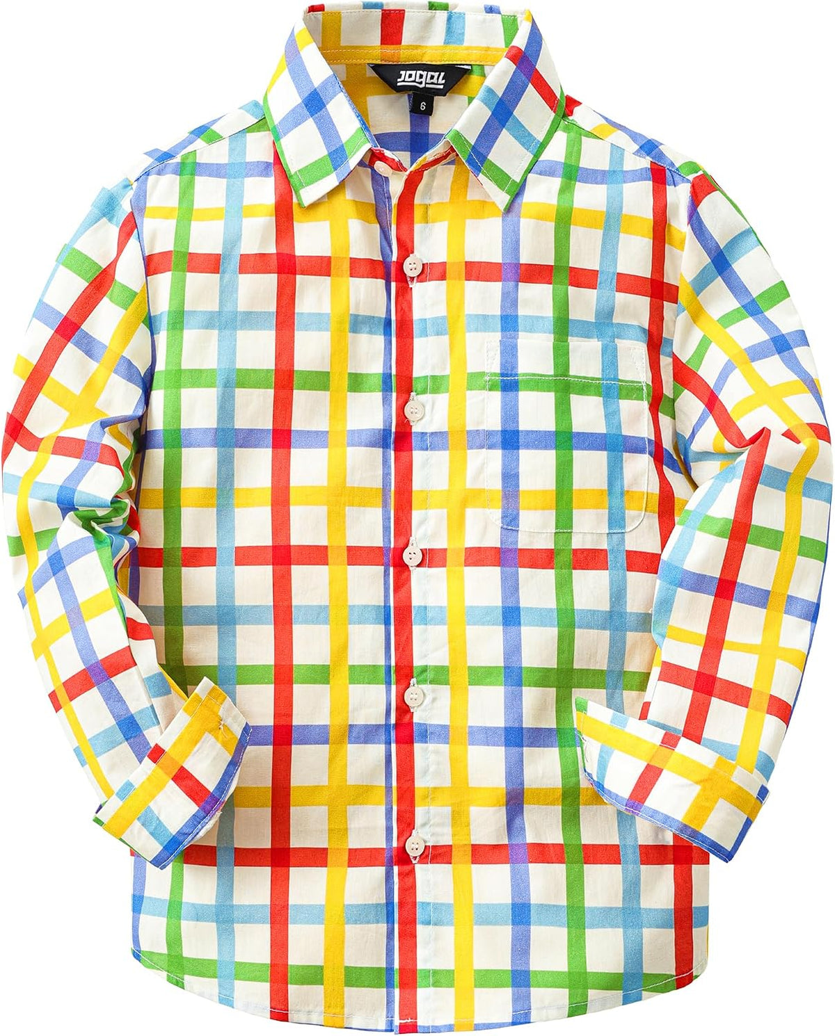 JOGAL C580 boys plaid long sleeve button-down shirt in White Muticolor front view