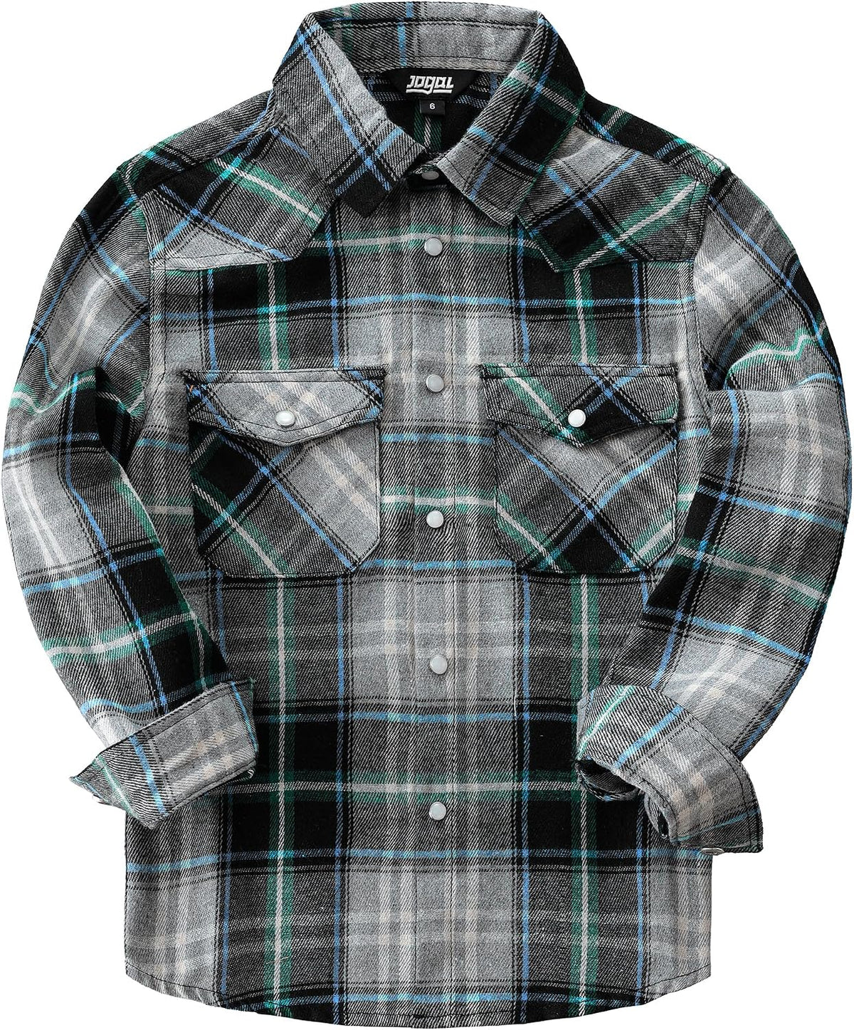 Boys' Western Plaid Long-Sleeve Pearl-Snap Shirt - Blue Green White - front