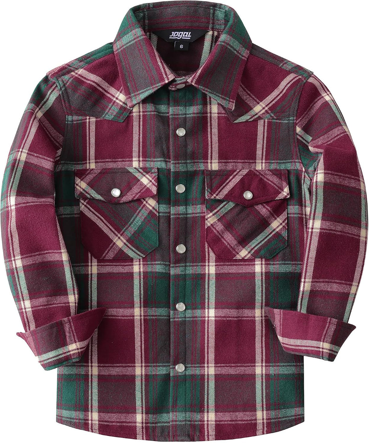 Boys' Western Plaid Long-Sleeve Pearl-Snap Shirt - Burgundy Green - front