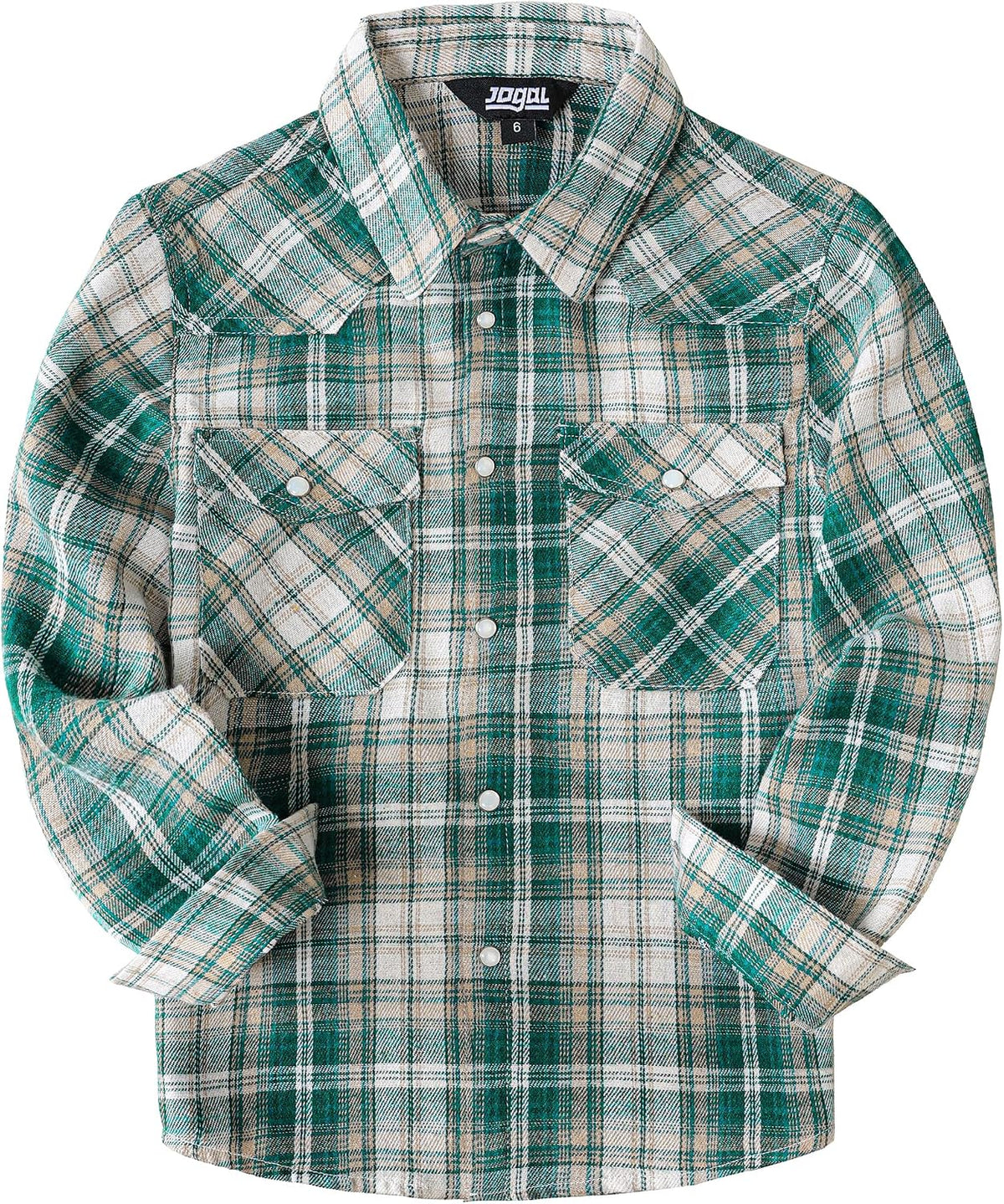 Boys' Western Plaid Long-Sleeve Pearl-Snap Shirt - Green Beige - front