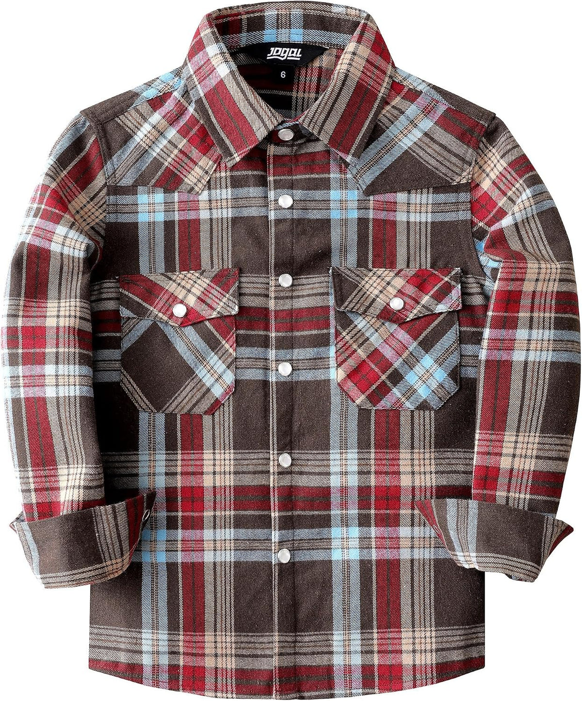 Boys' Western Plaid Long-Sleeve Pearl-Snap Shirt - Red Brown - front