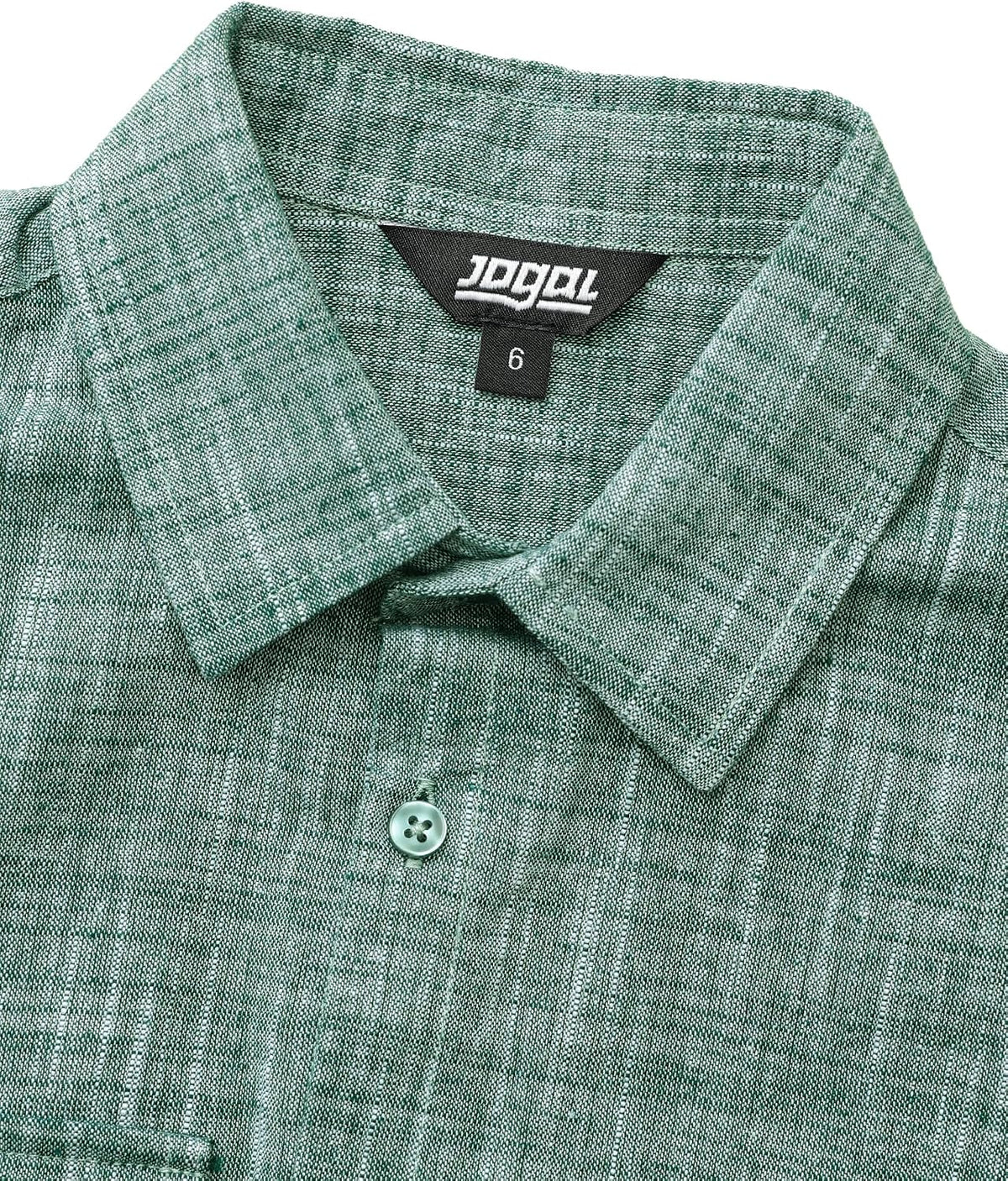 JOGAL C585 Boys' Cotton Chambray Short-Sleeve Shirt - Dark Green - collar and placket detail