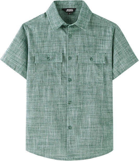 JOGAL C585 Boys' Cotton Chambray Short-Sleeve Shirt - Dark Green - front