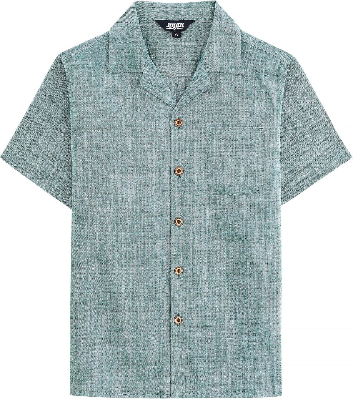 JOGAL C587 Boys Cotton Chambray Cuban Collar Short-Sleeve Shirt - Dark Green - front view