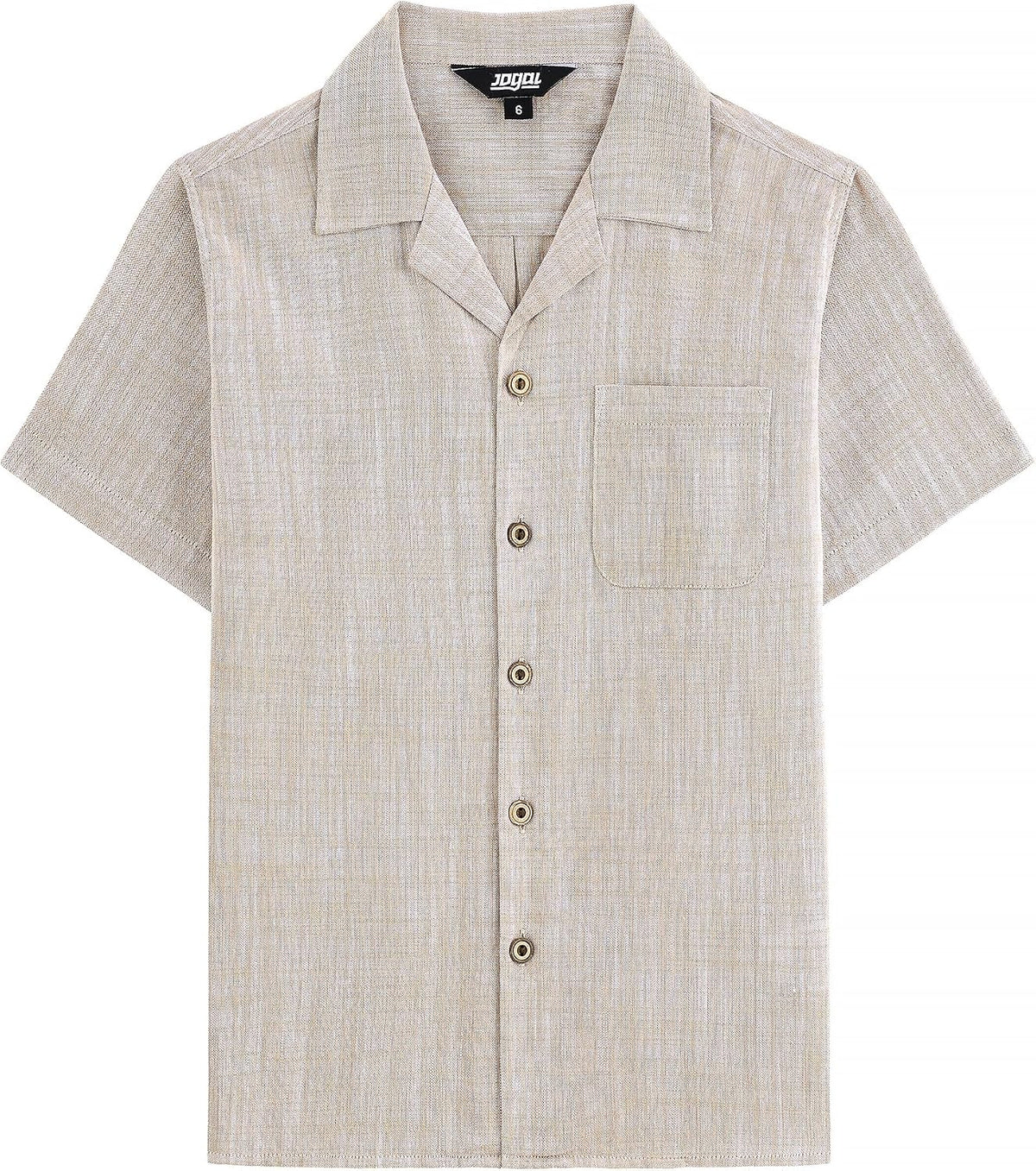 JOGAL C587 Boys Cotton Chambray Cuban Collar Short-Sleeve Shirt - Khaki - front view