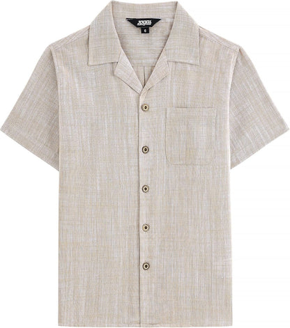 JOGAL C587 Boys Cotton Chambray Cuban Collar Short-Sleeve Shirt - Khaki - front view