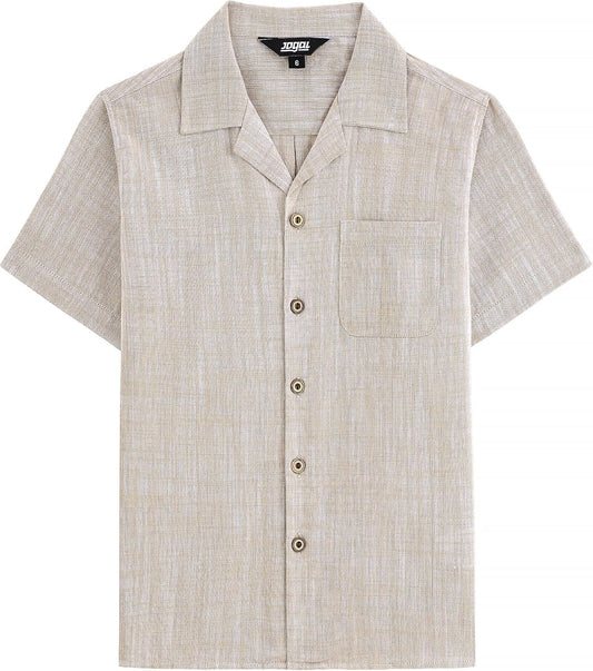 JOGAL C587 Boys Cotton Chambray Cuban Collar Short-Sleeve Shirt - Khaki - front view