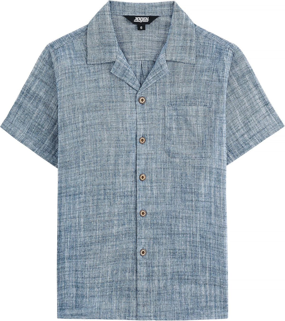JOGAL C587 Boys Cotton Chambray Cuban Collar Short-Sleeve Shirt - Navy - front view