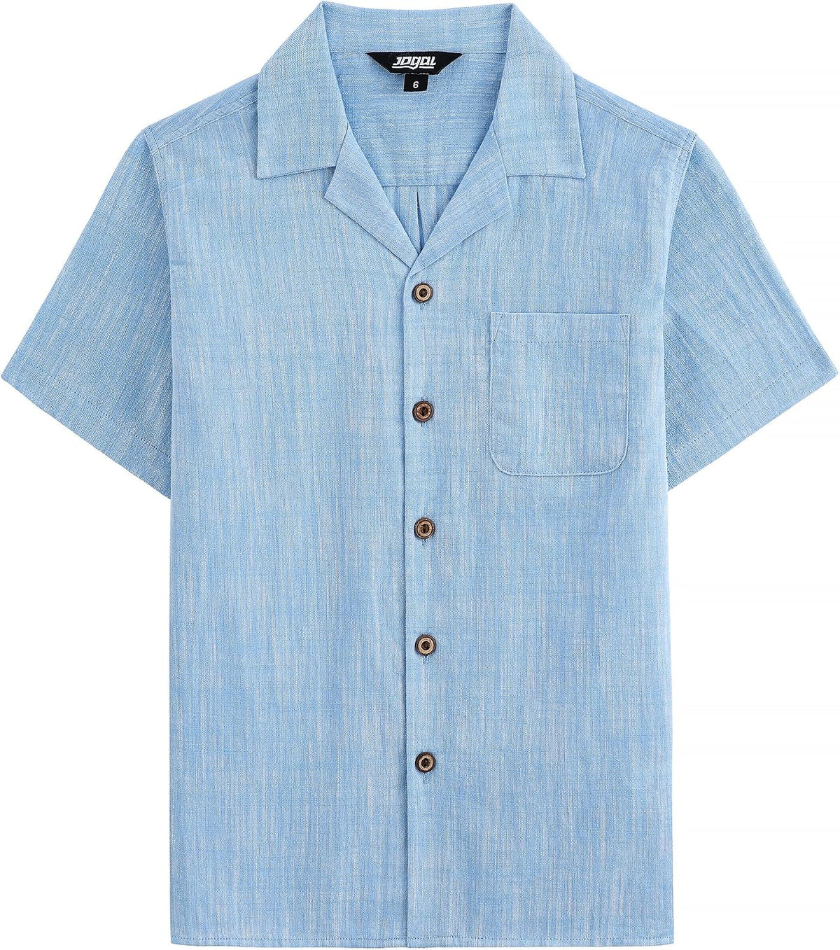 JOGAL C587 Boys Cotton Chambray Cuban Collar Short-Sleeve Shirt - Sky Blue - front view