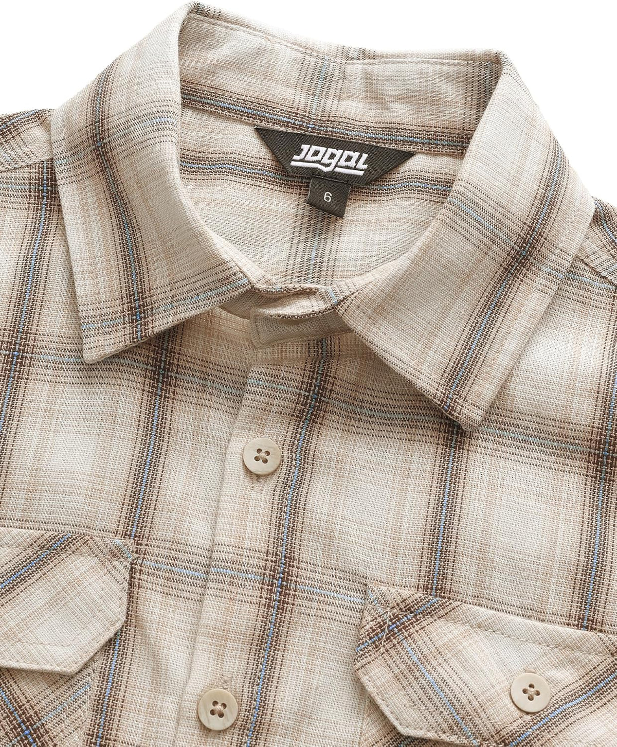 JOGAL C588 Boys' Plaid Short-Sleeve Shirt with Flap Pockets - Beige - collar and placket detail