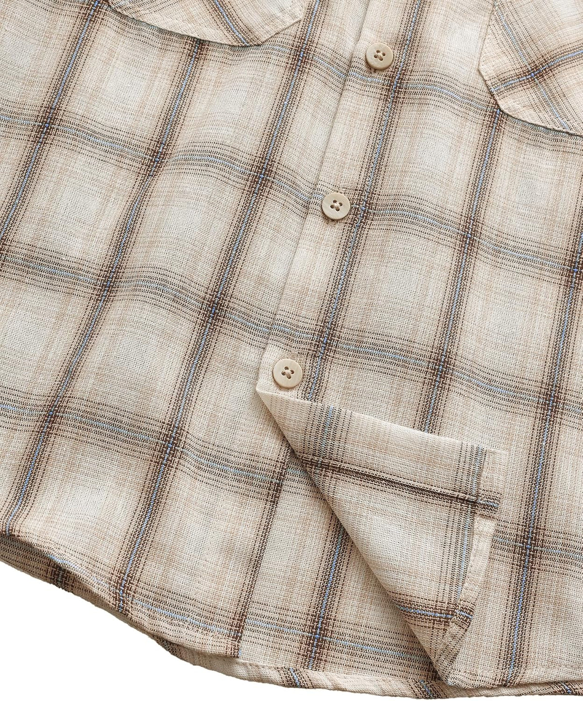 JOGAL C588 Boys' Plaid Short-Sleeve Shirt with Flap Pockets - Beige - hem and placket detail