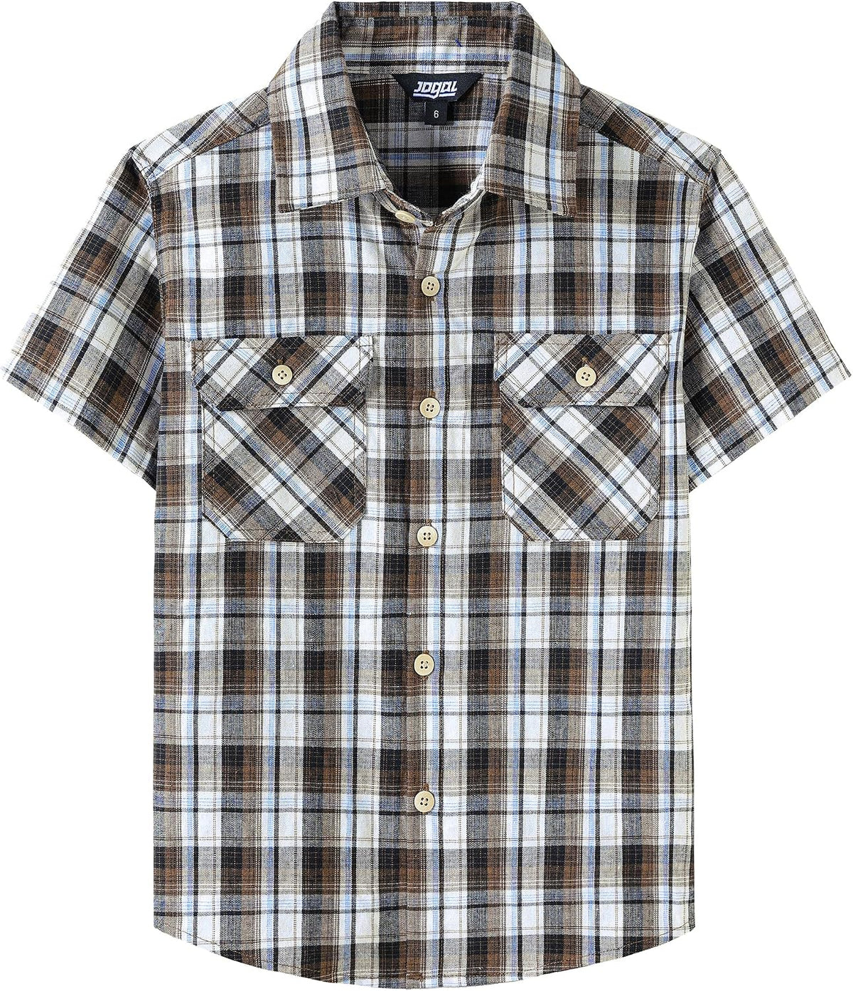 JOGAL C588 Boys' Plaid Short-Sleeve Shirt with Flap Pockets - Black Brown - front