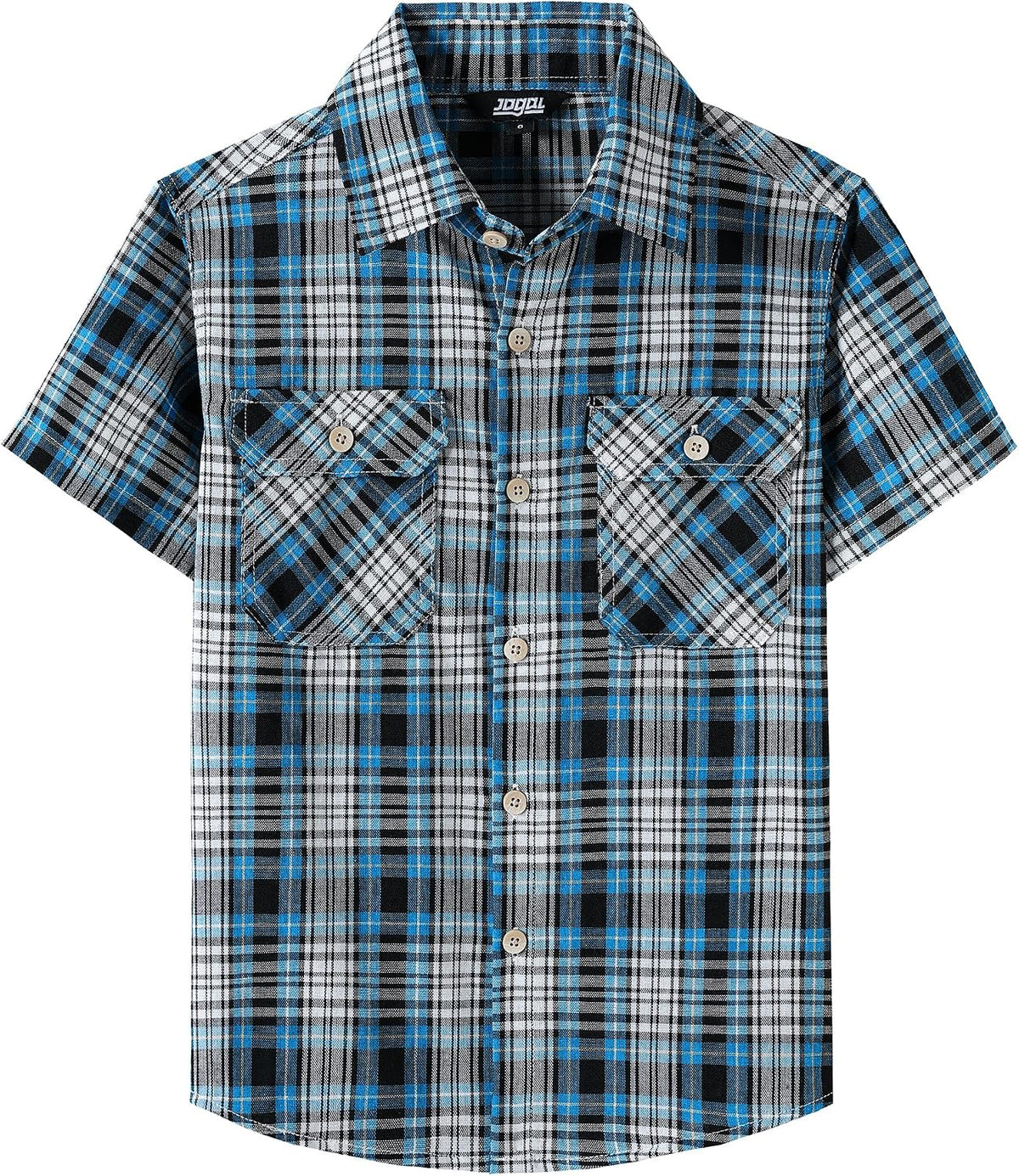 JOGAL C588 Boys' Plaid Short-Sleeve Shirt with Flap Pockets - Blue Black - front