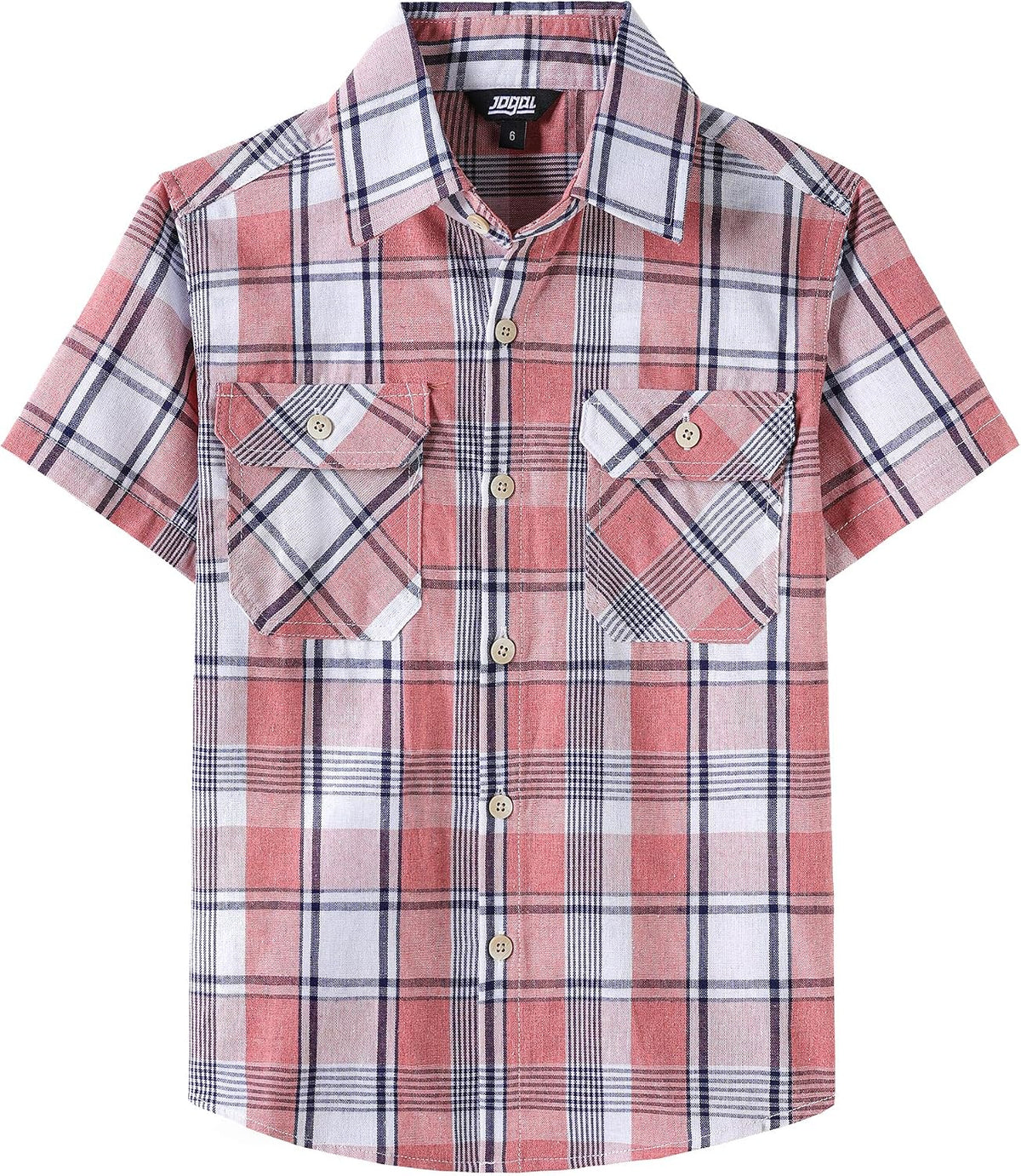 JOGAL C588 Boys' Plaid Short-Sleeve Shirt with Flap Pockets - Coral - front