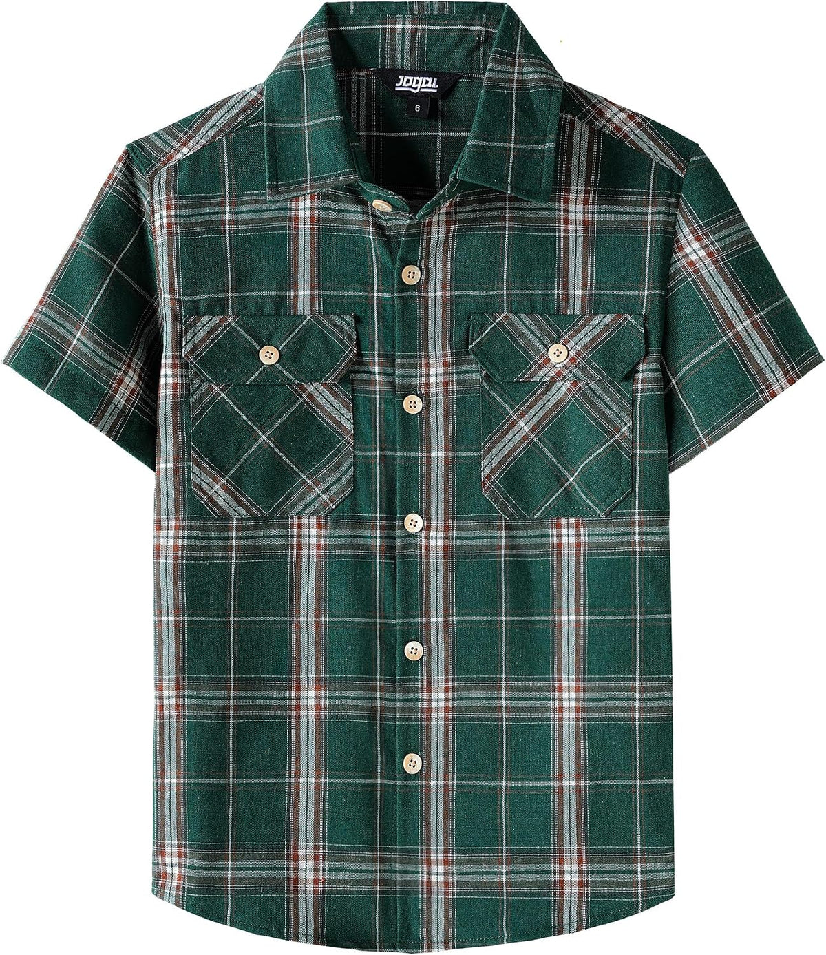 JOGAL C588 Boys' Plaid Short-Sleeve Shirt with Flap Pockets - Dark Green - front