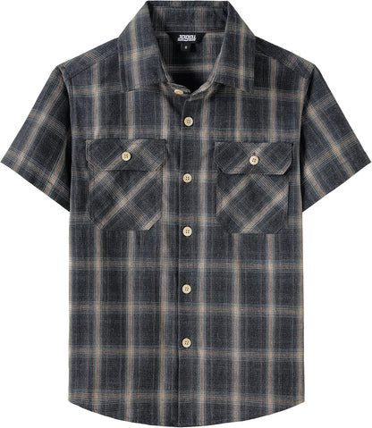JOGAL C588 Boys' Plaid Short-Sleeve Shirt with Flap Pockets - Dark Grey - front