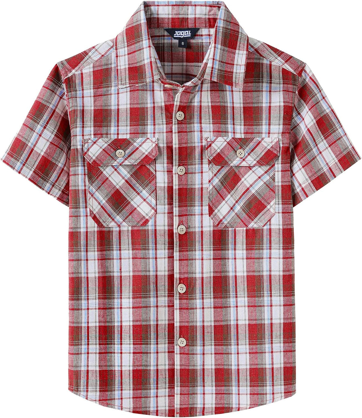 JOGAL C588 Boys' Plaid Short-Sleeve Shirt with Flap Pockets - White Red - front