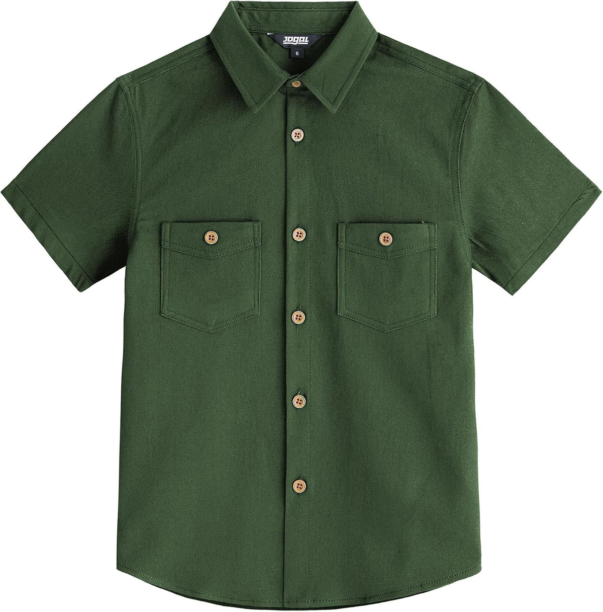 JOGAL C589 boys' Stretch Denim Short-Sleeve Button-Down Shirt in Army Green, front view