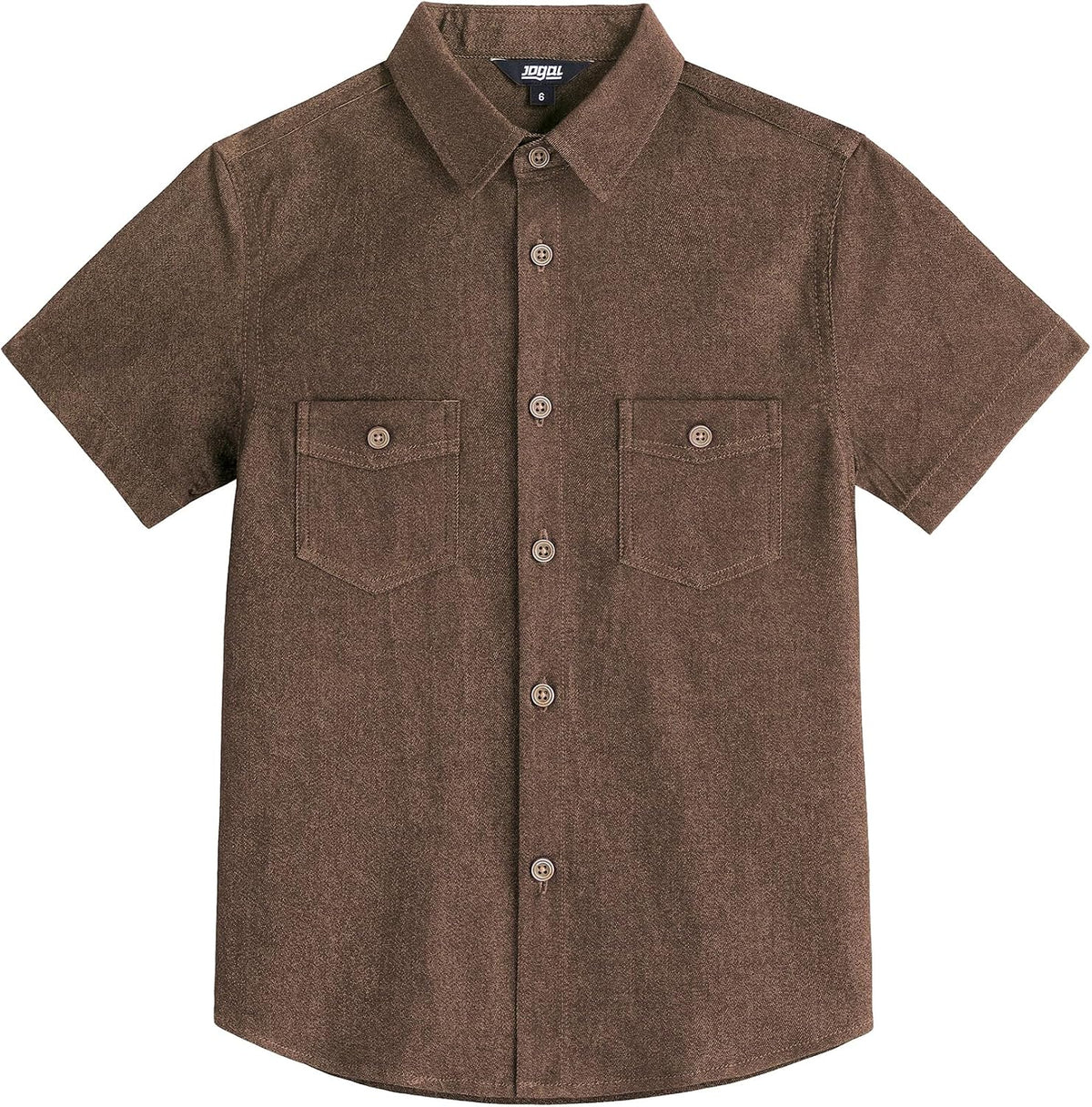 JOGAL C589 boys' Stretch Denim Short-Sleeve Button-Down Shirt in Brown, front view
