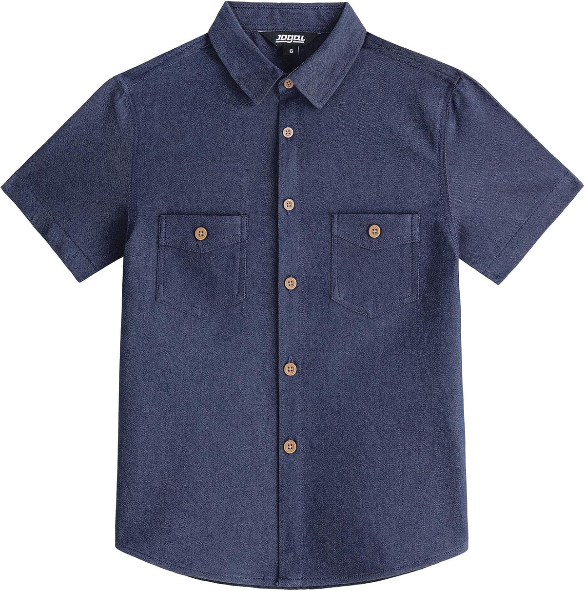 JOGAL C589 boys' Stretch Denim Short-Sleeve Button-Down Shirt in Dark Denim, front view