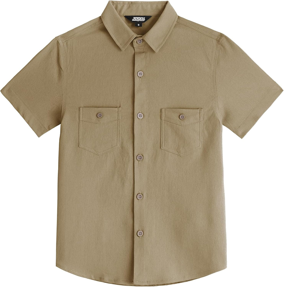 JOGAL C589 boys' Stretch Denim Short-Sleeve Button-Down Shirt in Dark Khaki, front view