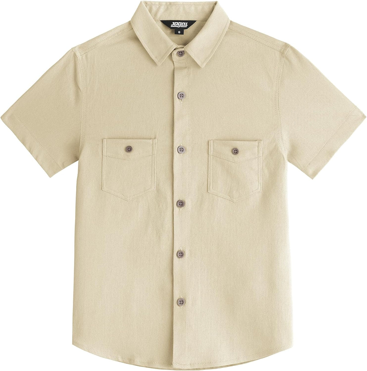 JOGAL C589 boys' Stretch Denim Short-Sleeve Button-Down Shirt in Light Khaki, front view