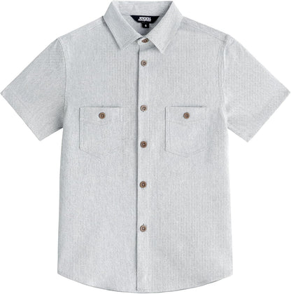 JOGAL C589 boys' Stretch Denim Short-Sleeve Button-Down Shirt in White Denim, front view