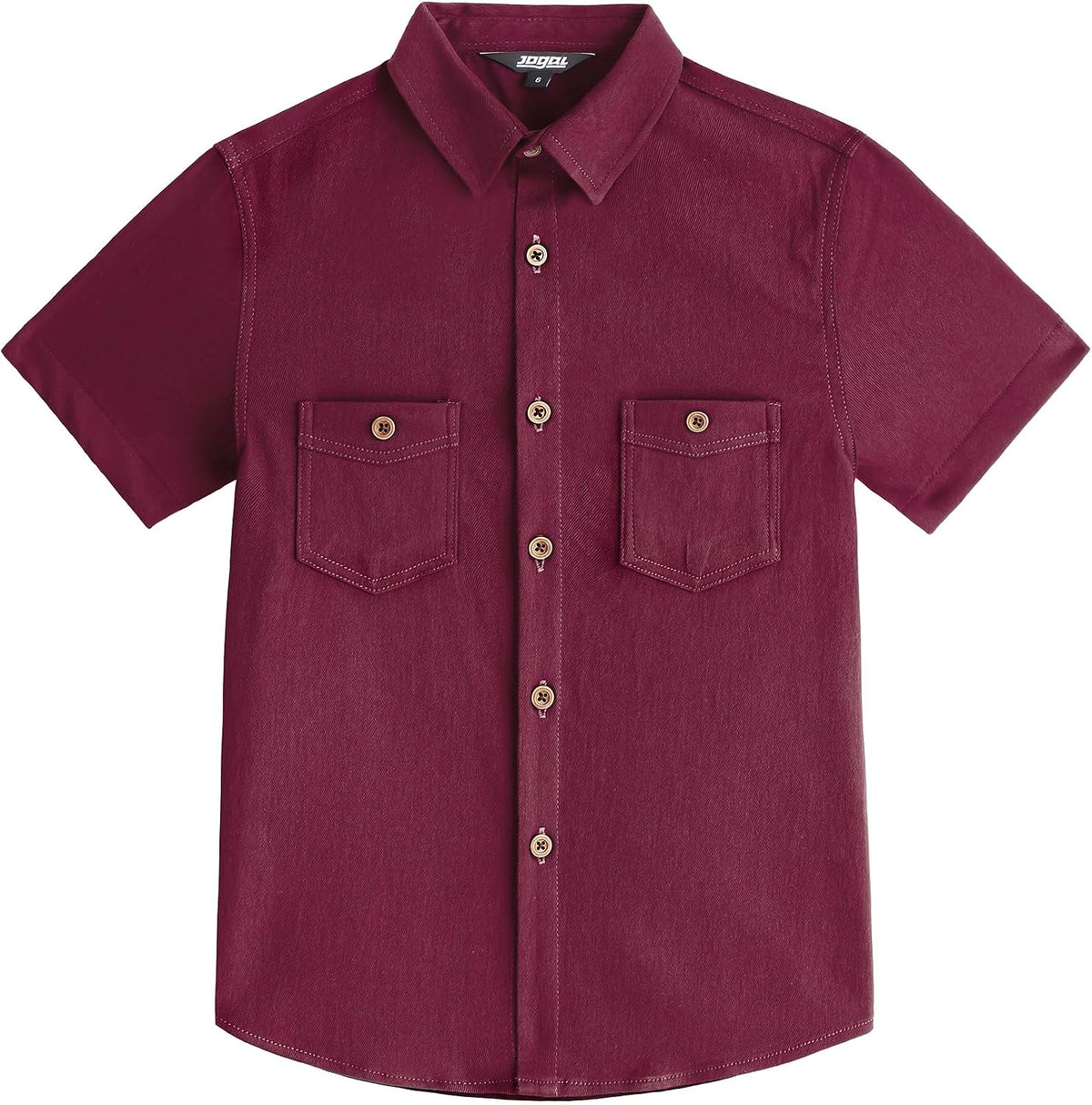 JOGAL C589 boys' Stretch Denim Short-Sleeve Button-Down Shirt in Winered, front view