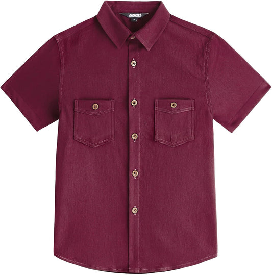 JOGAL C589 boys' Stretch Denim Short-Sleeve Button-Down Shirt in Winered, front view