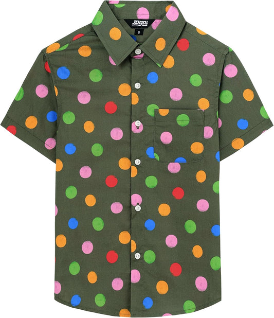 JOGAL C591 boys' Polka Dot Short-Sleeve Button-Down Shirt in Armygreen, front view