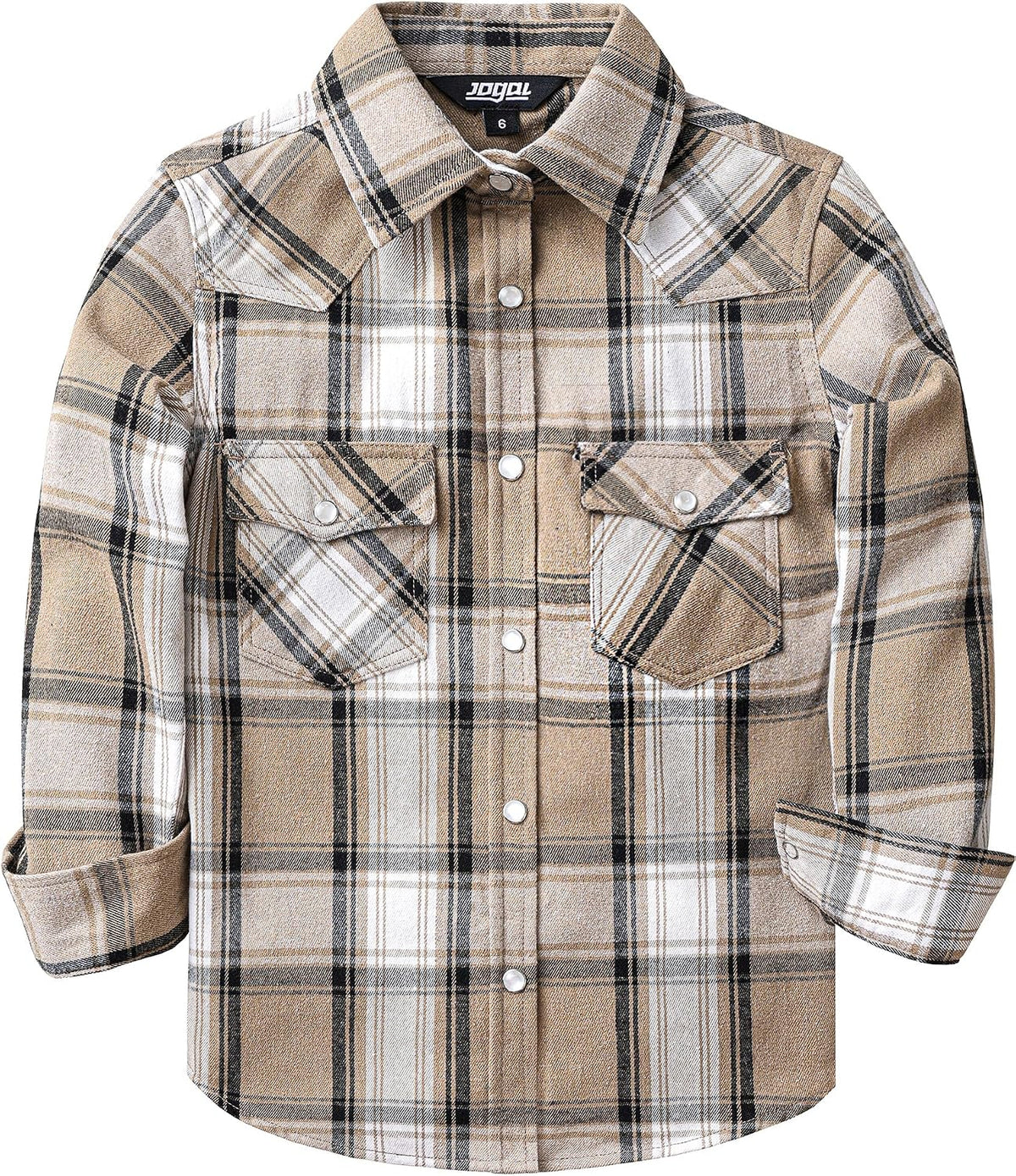 JOGAL G595 Girls' Western Plaid Long-Sleeve Pearl-Snap Flannel Shirt - Beige Khaki - front