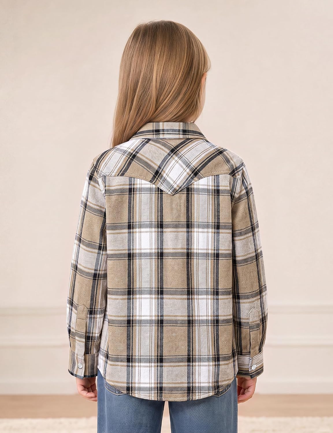 JOGAL G595 Girls' Western Plaid Long-Sleeve Pearl-Snap Flannel Shirt - Beige Khaki - rear three quarter