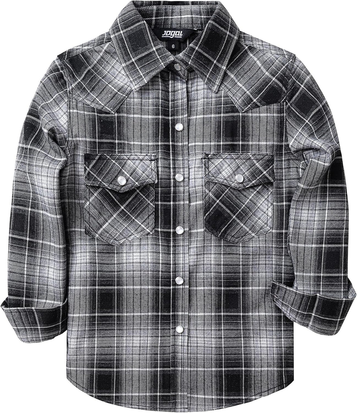 JOGAL G595 Girls' Western Plaid Long-Sleeve Pearl-Snap Flannel Shirt - Black Grey - front