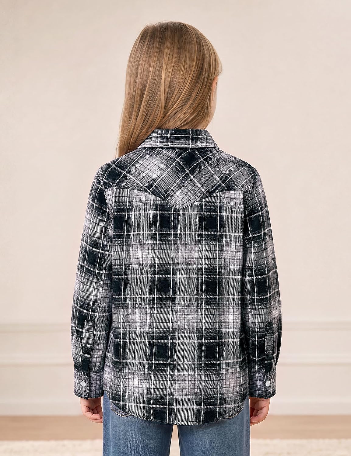 JOGAL G595 Girls' Western Plaid Long-Sleeve Pearl-Snap Flannel Shirt - Black Grey - rear three quarter