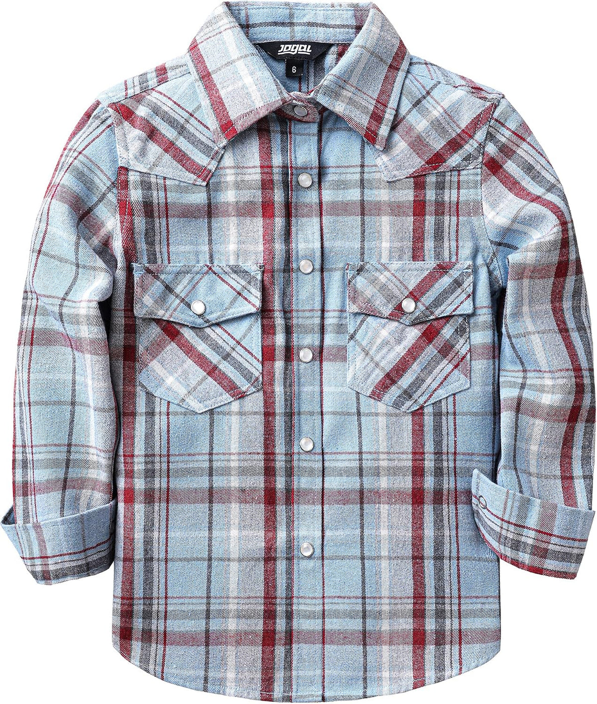 JOGAL G595 Girls' Western Plaid Long-Sleeve Pearl-Snap Flannel Shirt - Blue Grey Wine - front