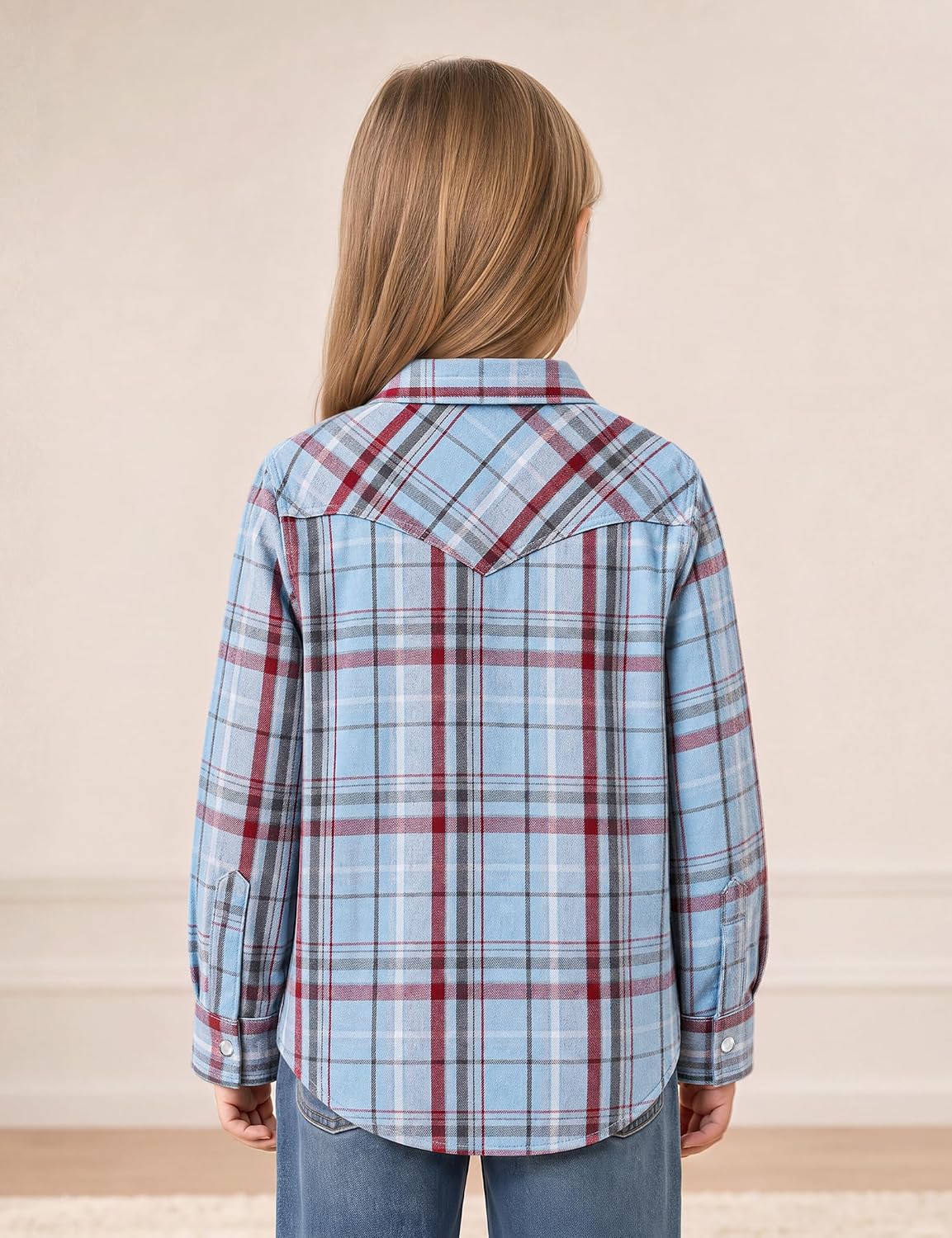 JOGAL G595 Girls' Western Plaid Long-Sleeve Pearl-Snap Flannel Shirt - Blue Grey Wine - rear three quarter