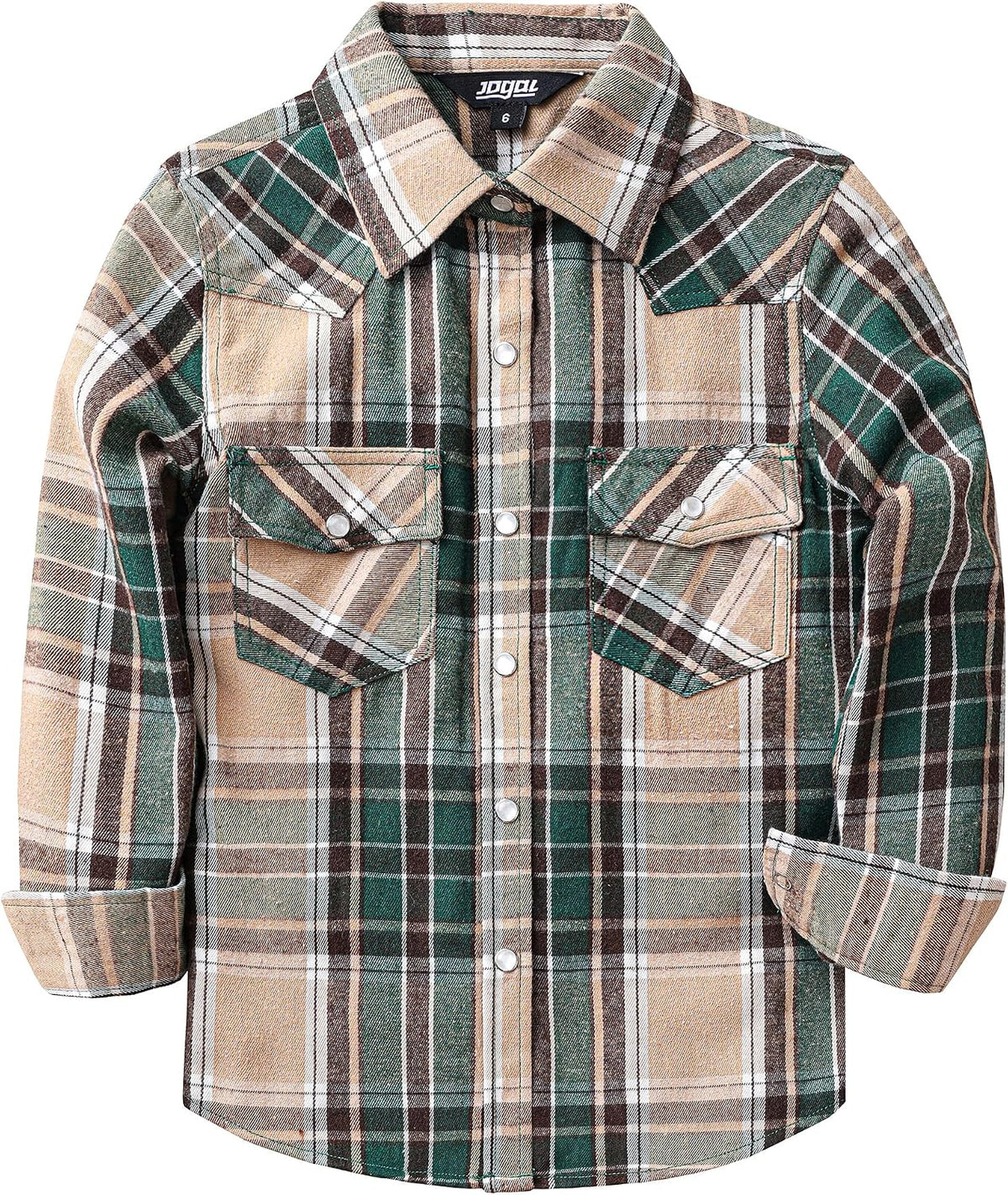 JOGAL G595 Girls' Western Plaid Long-Sleeve Pearl-Snap Flannel Shirt - Brown Darkgreen - front