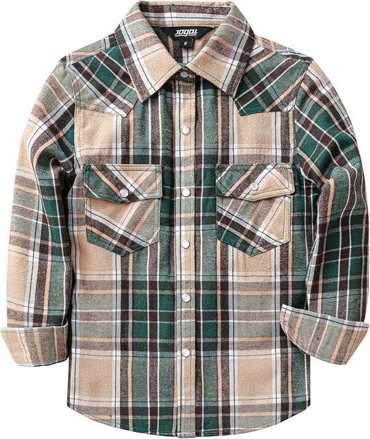 JOGAL G595 Girls' Western Plaid Long-Sleeve Pearl-Snap Flannel Shirt - Brown Darkgreen - front