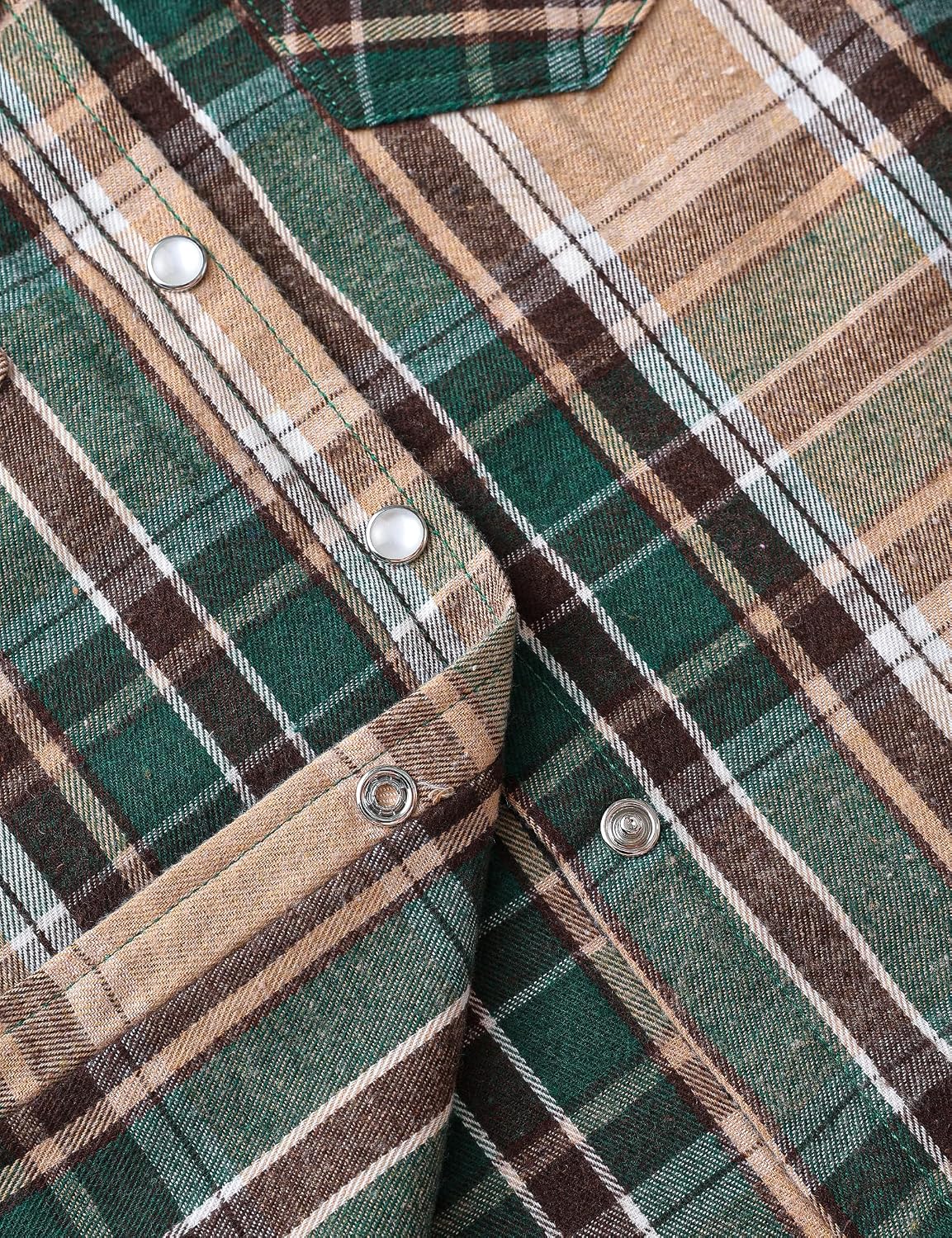 JOGAL G595 Girls' Western Plaid Long-Sleeve Pearl-Snap Flannel Shirt - Brown Darkgreen - pearl snap placket detail